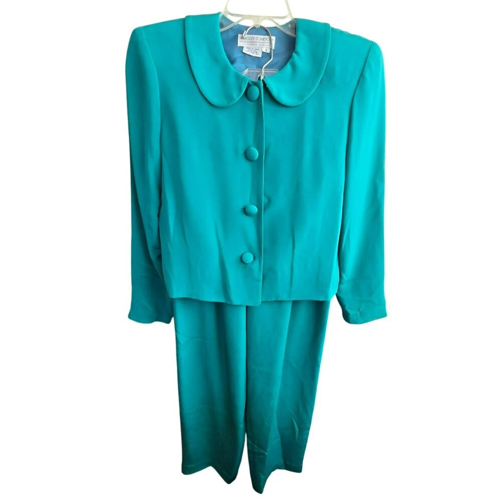 Vintage Maggy London Womens Silk Teal Green Jacket & Pants Suit Size 4 HS152